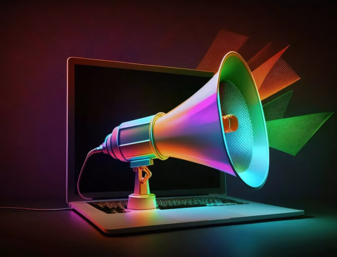 megaphone-laptop-illustration-black-background-with-neon-lights-generative-ai (Custom)-min